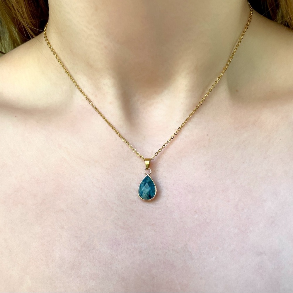 Gold Blue Agate Stone Pendant Necklace